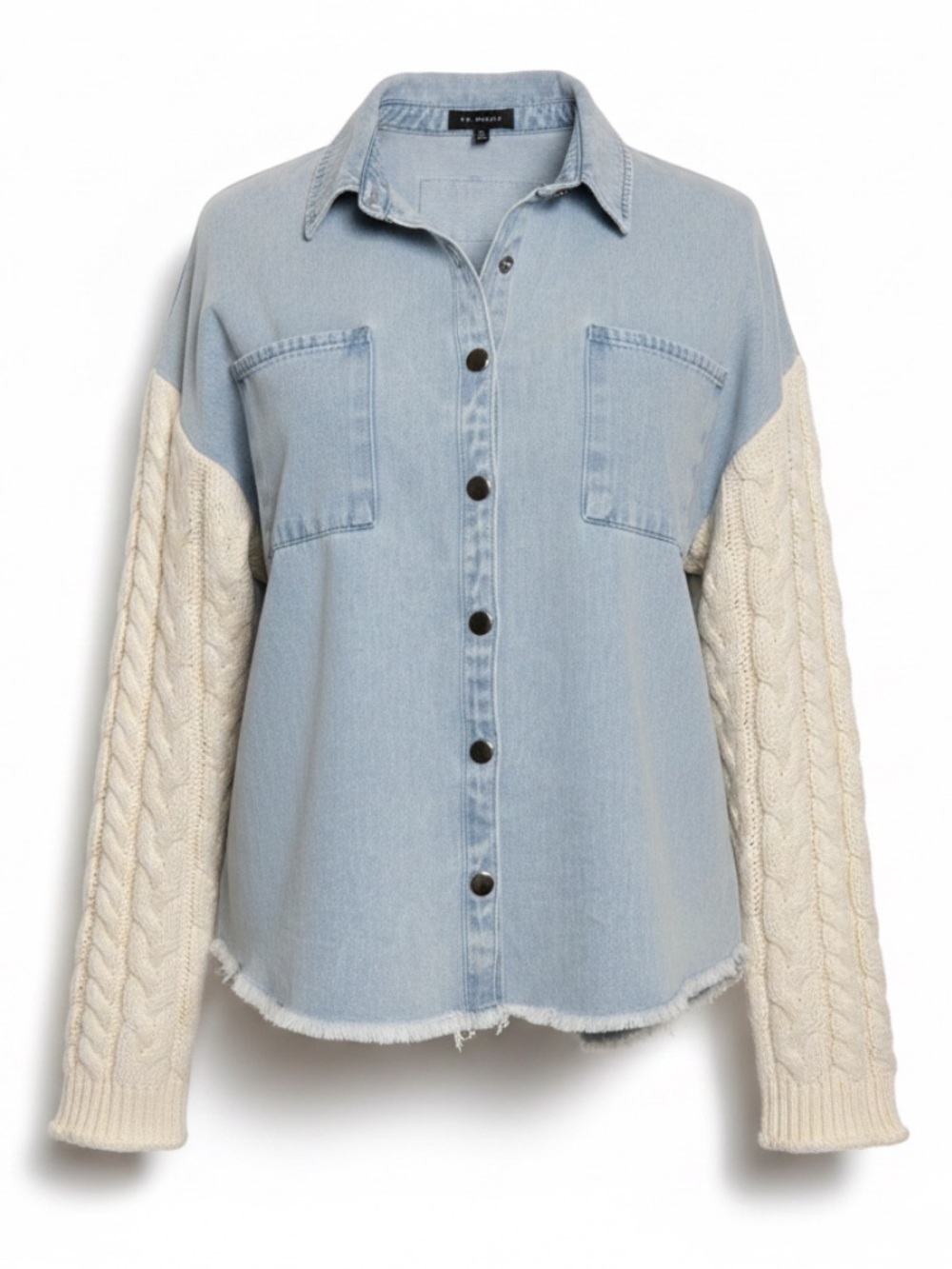 Blu Pepper Oversized Denim Two Tone Knit Sleeve Boho Casual Shacket Size XL - Picture 2 of 11